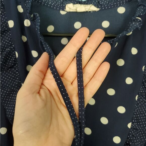 Sweet Wanderer Navy Blue/White Polka-Dot Ruffle Tie String Blouse - Picture 3 of 7